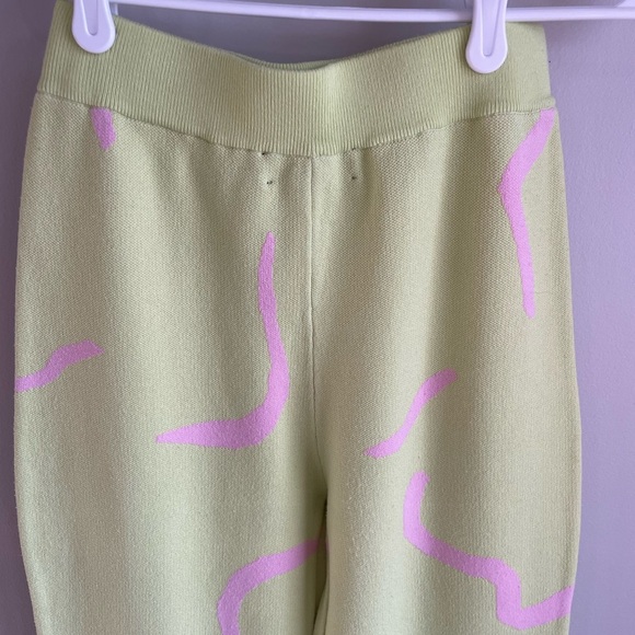 White Fox Knitted Flare Pants - Lime Green + Pink Retro Squiggle Pattern - Small - Picture 11 of 14